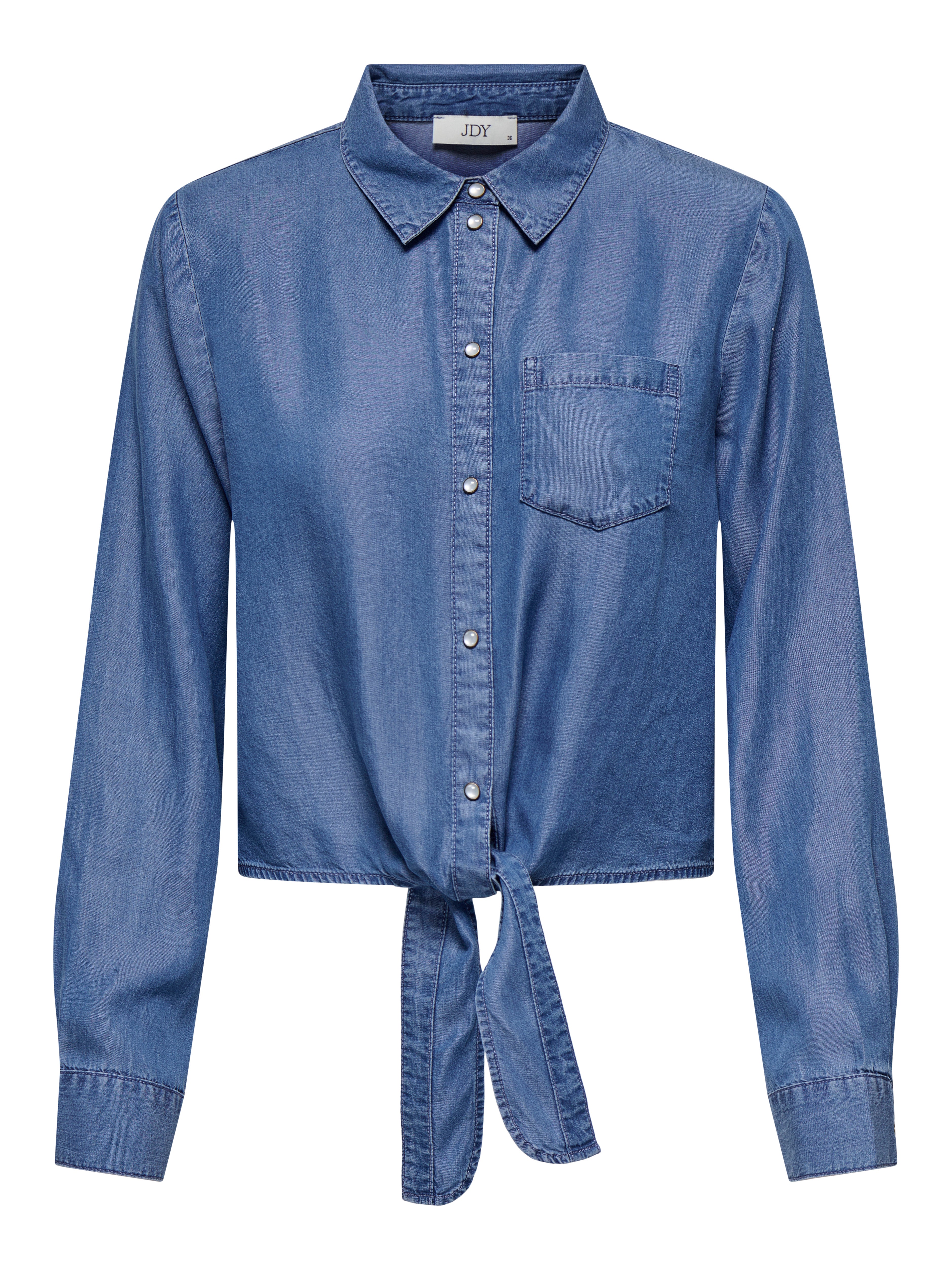 ASOS Denim Boyfriend Shirt With Tie Front in Midwash Blue | ASOS